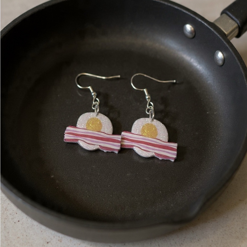 Fried Egg and Bacon Dangle Earrings